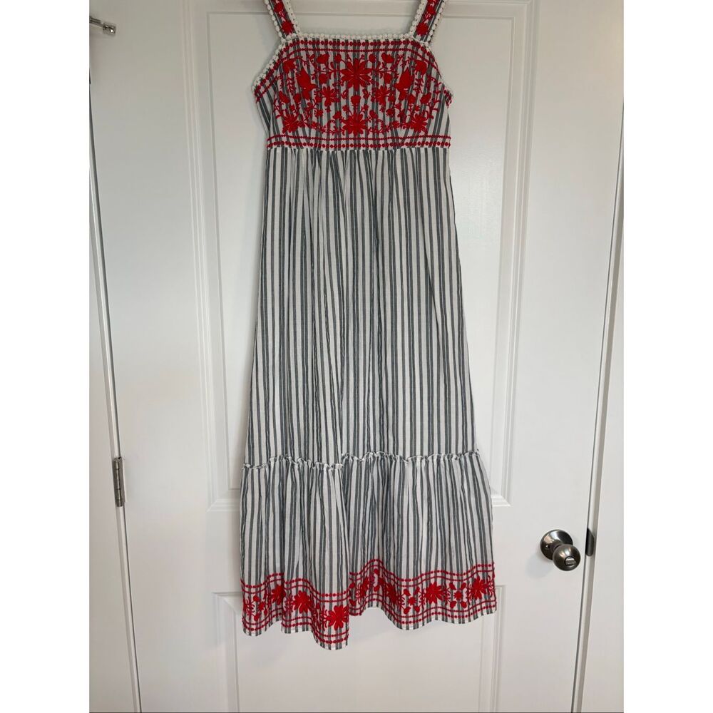 Kate Spade Broome Street Grey & White Striped With Red Embroidery Midi Dress XS - Picture 5 of 8